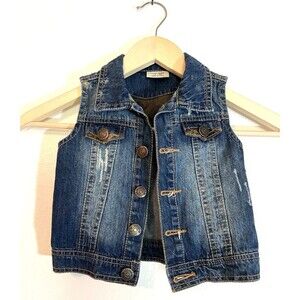 Zara Girls sleveless Jean  Vest Sz 2/3 Camouflage Detail Distressed Brass Button